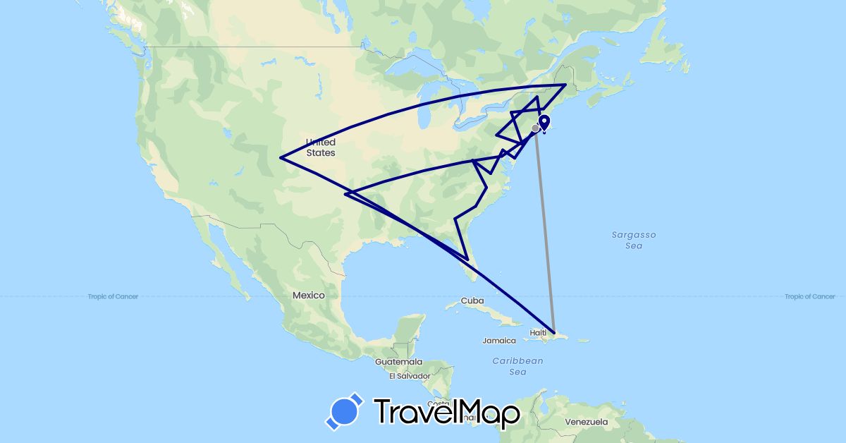 TravelMap itinerary: driving, plane in Dominican Republic, United States (North America)